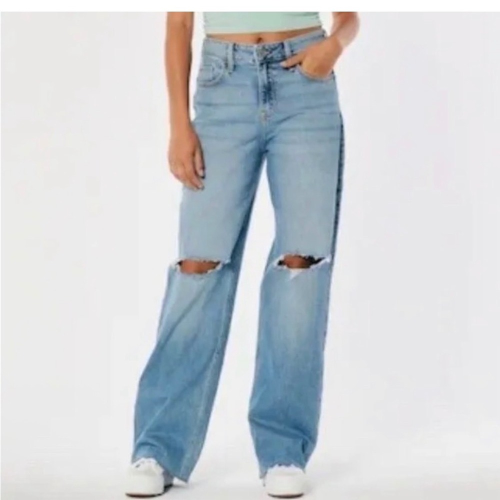 Hollister High-Rise Vintage‎ Baggy Jeans 7R W28 Baggy Blue Distressed Hemmed NEE